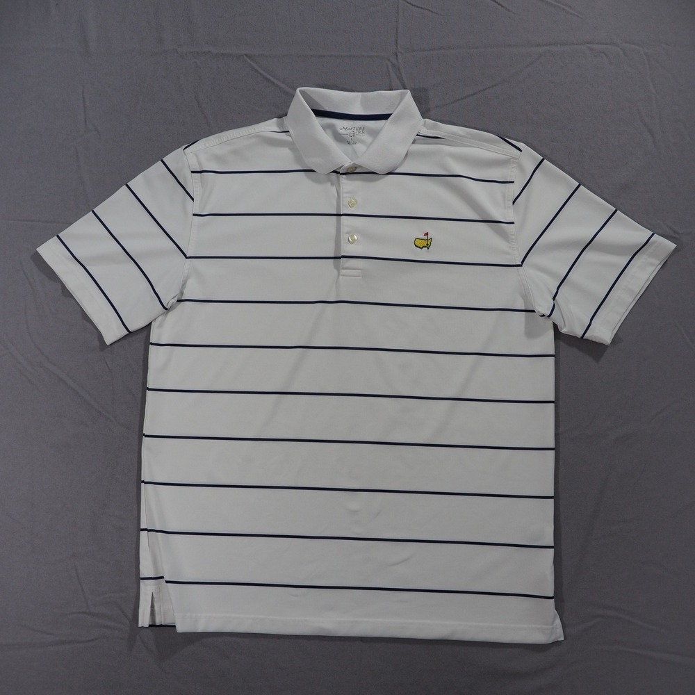 Masters Tech Augusta Polo Shirt Mens Large White Blue Striped Golf Performance
